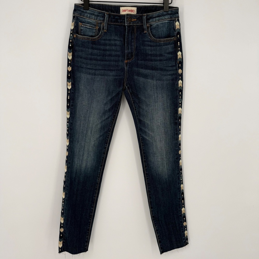 DRIFTWOOD DARK WASH EMBROIDERED AZTEC SKINNY JACKIE JEANS SZ 27